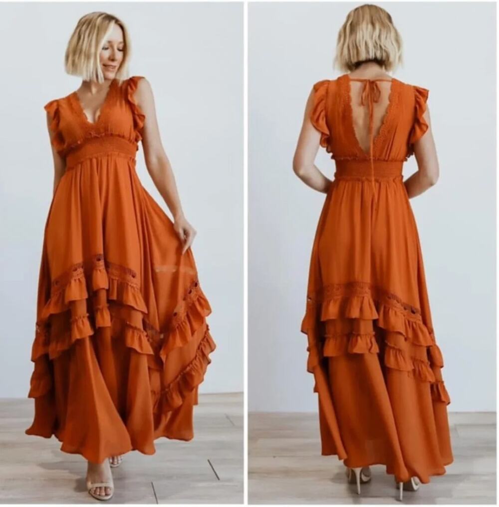 NWT Baltic Born Jasmine Rust Orange Ruffle Tiered Boho Maxi Dress Size XXL